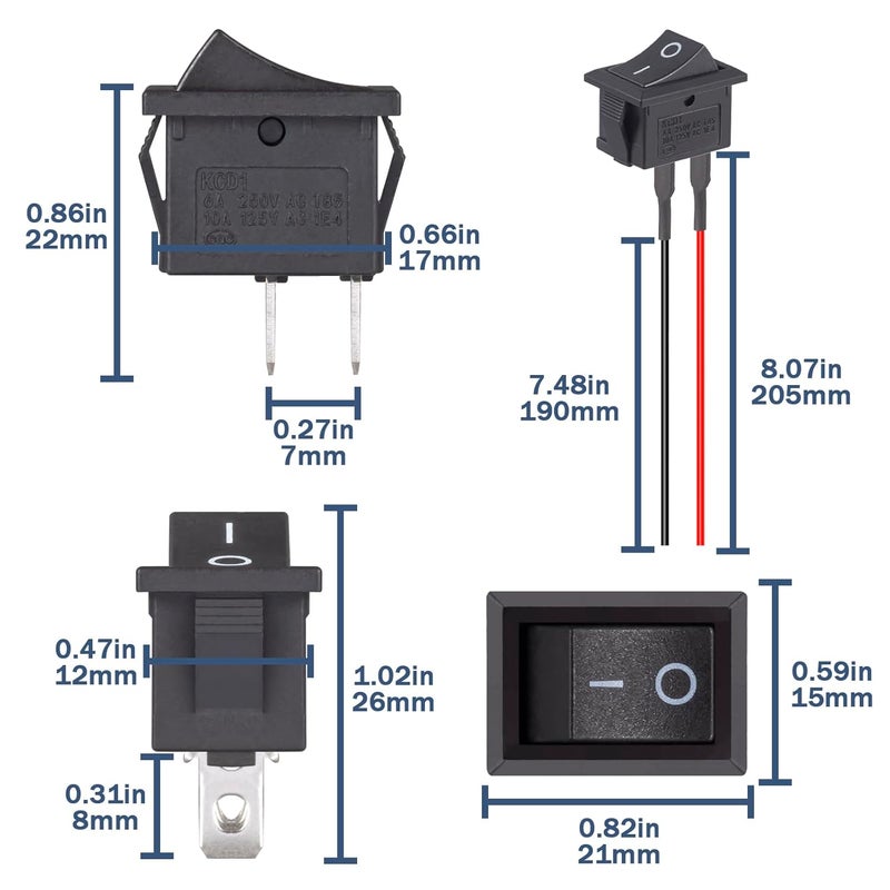 VEXUNGA Rocker Switch 12V Toggle Switch ON Off KCD1 Mini Rocker Switches 2 Pin AC 6A 250V 10A 125V SPST 2 Position Black Square (5Pcs with Leads 5Pcs Without Wires) - Image 2